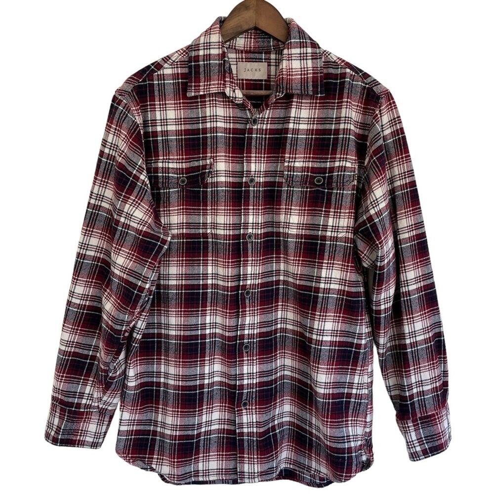 Jachs Plaid Flannel Cotton Button Down Men’s Shirt Red Black White Size Medium